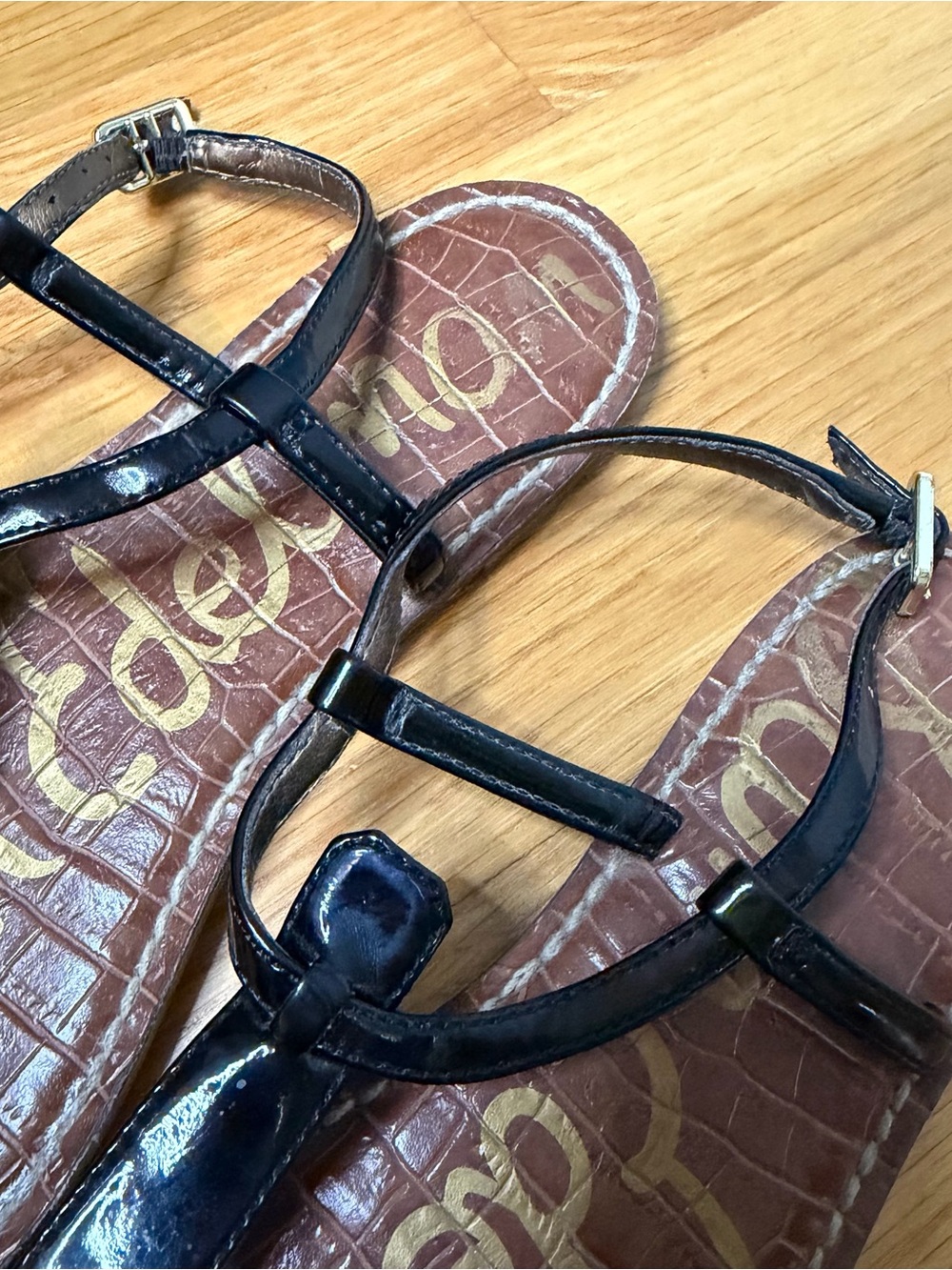 Sam Edelman Black Patent Brown Croc Gigi Flat Sandals Size 5.5 - Picture 6 of 15